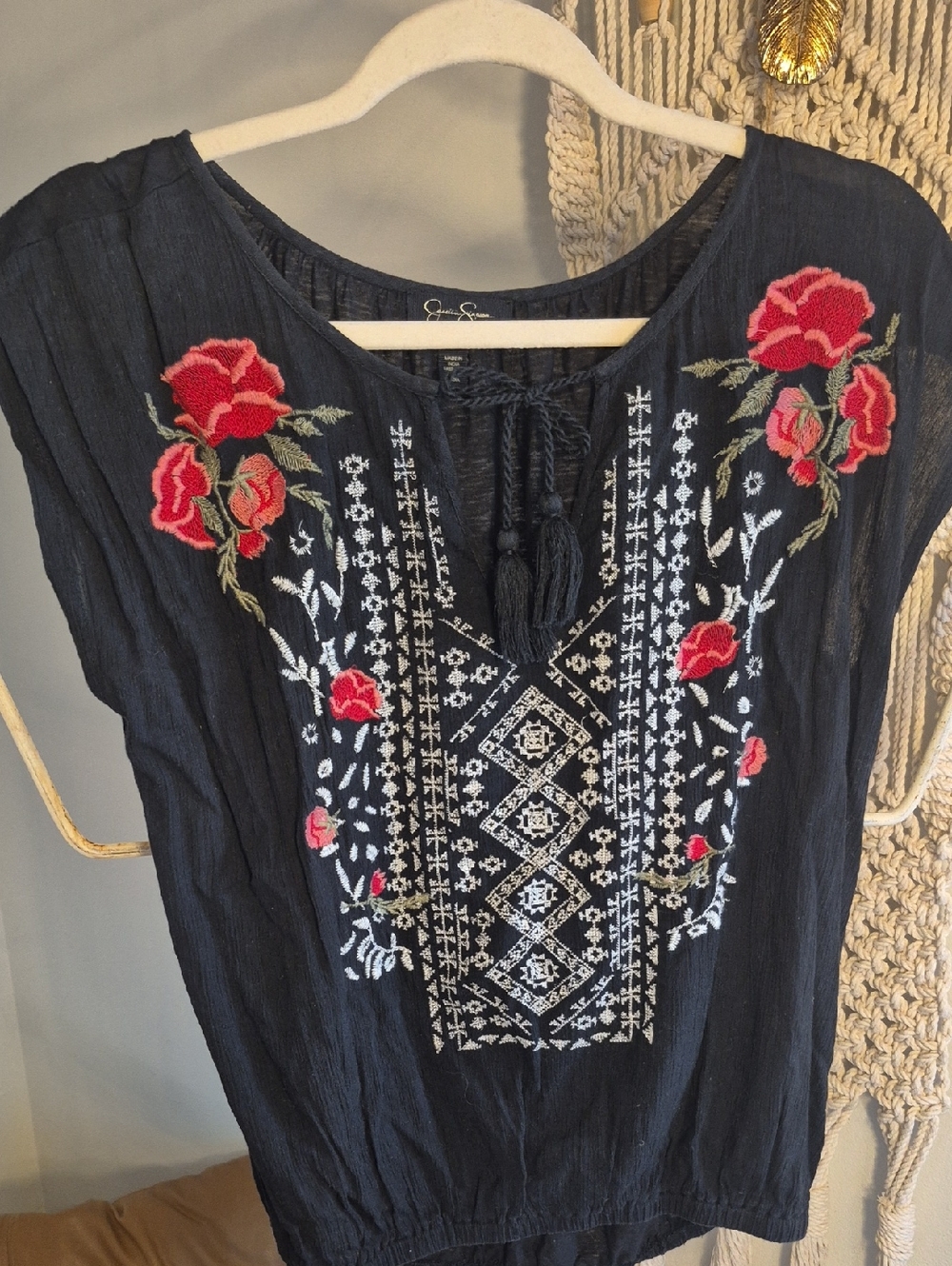 Jessica Simpson Black Embroidered Floral Peasant Top